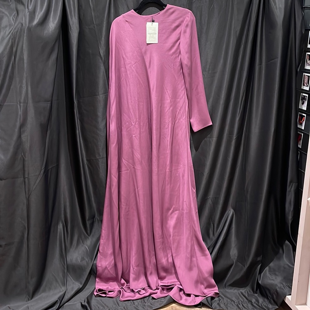 NWT. Valentino purple maxi evening gown. Silk, high neck, one long sleeve.
